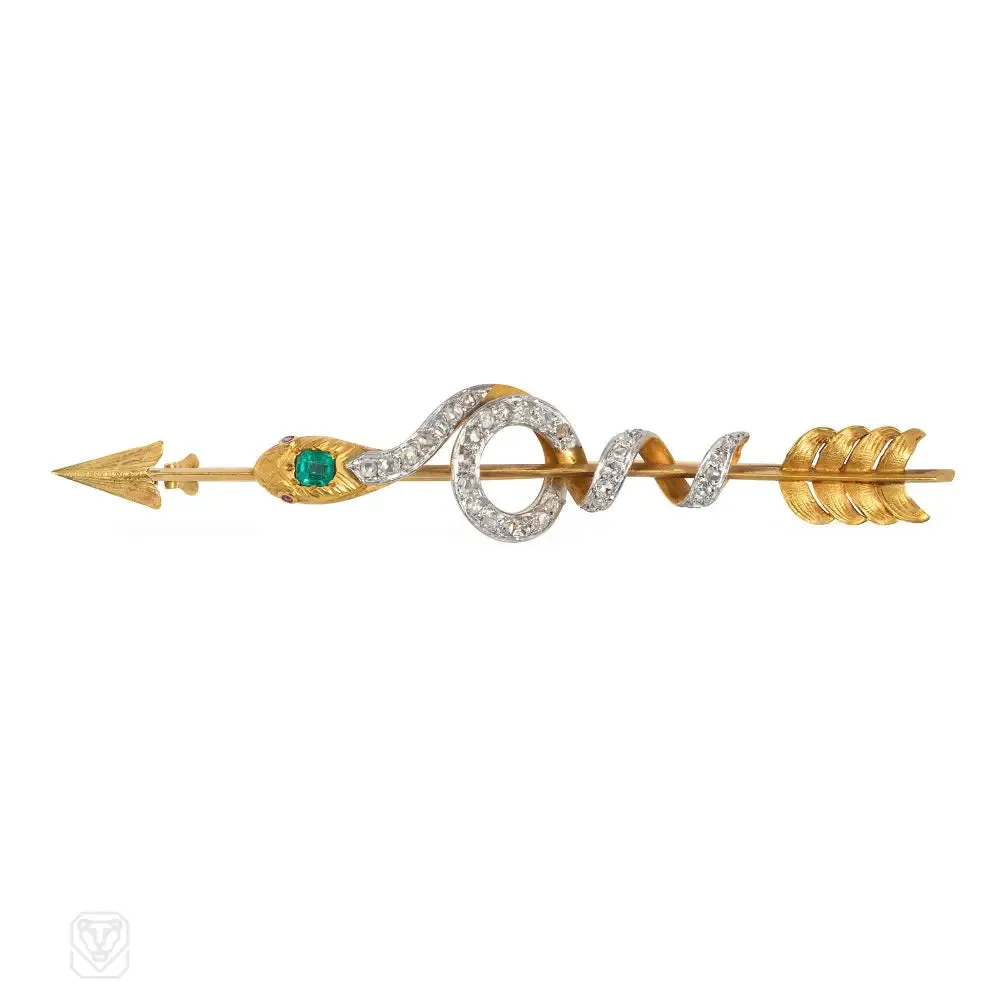 Antique gold, diamond, and emerald snake and arrow brooch