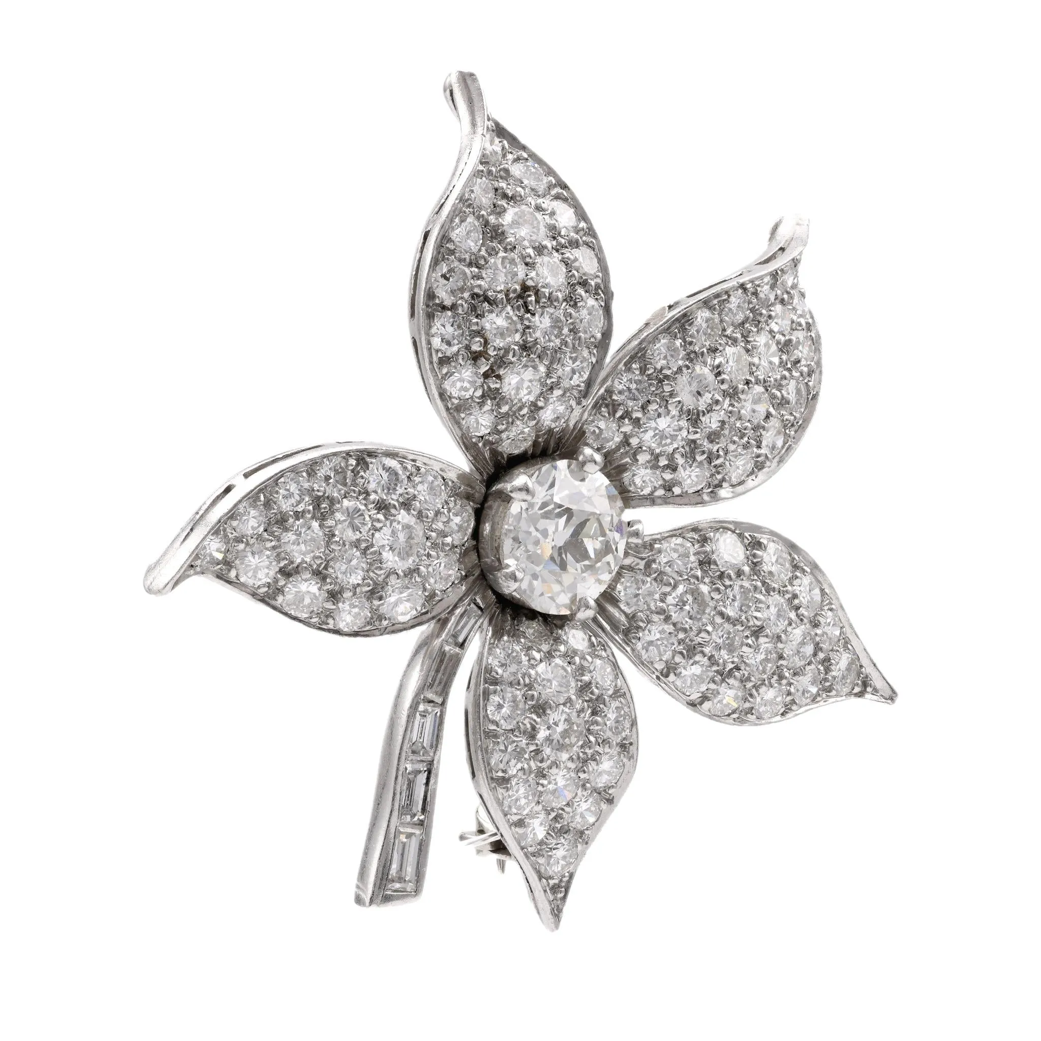 Art Deco 7 Carat Total Weight Diamond Platinum Floral Brooch