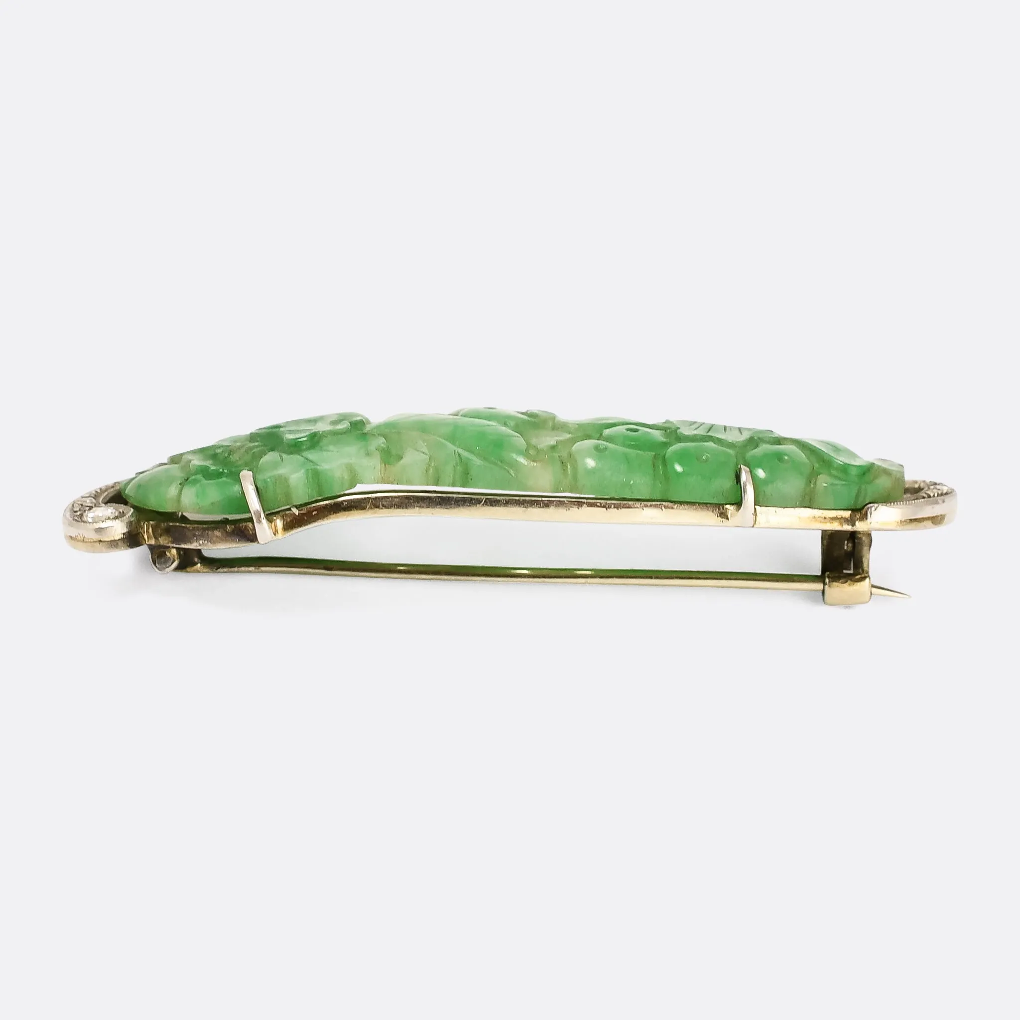 Art Deco Diamond & Carved Jade "Opium Poppies" Brooch