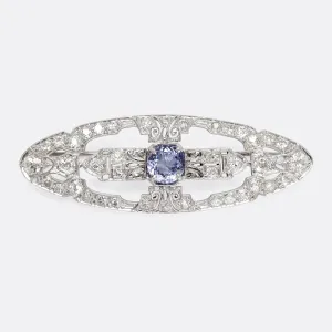 Art Deco Openworked Sapphire & Diamond Lozenge Brooch