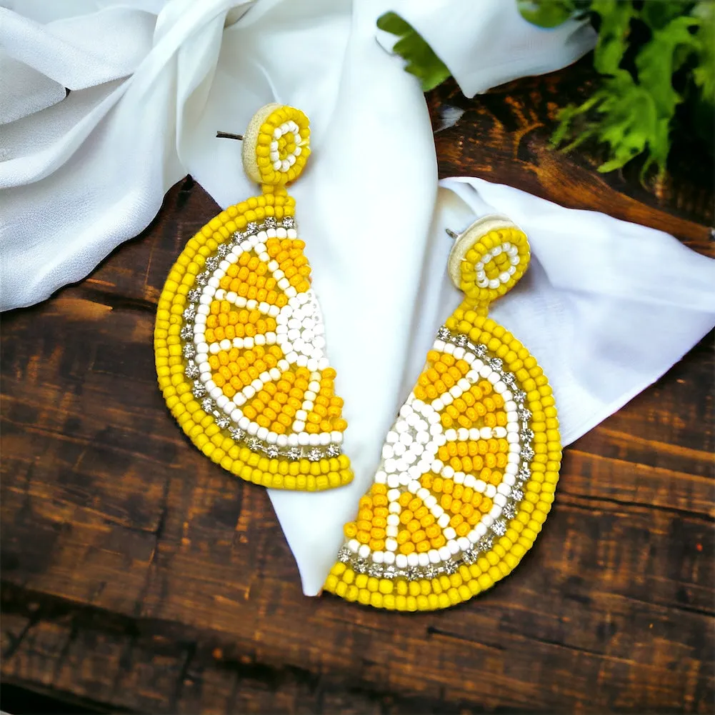 Beaded Lemon Earrings - Fruit Earrings, Handmade Jewelry, Lemon Jewelry, Food Earrings, Lemonade