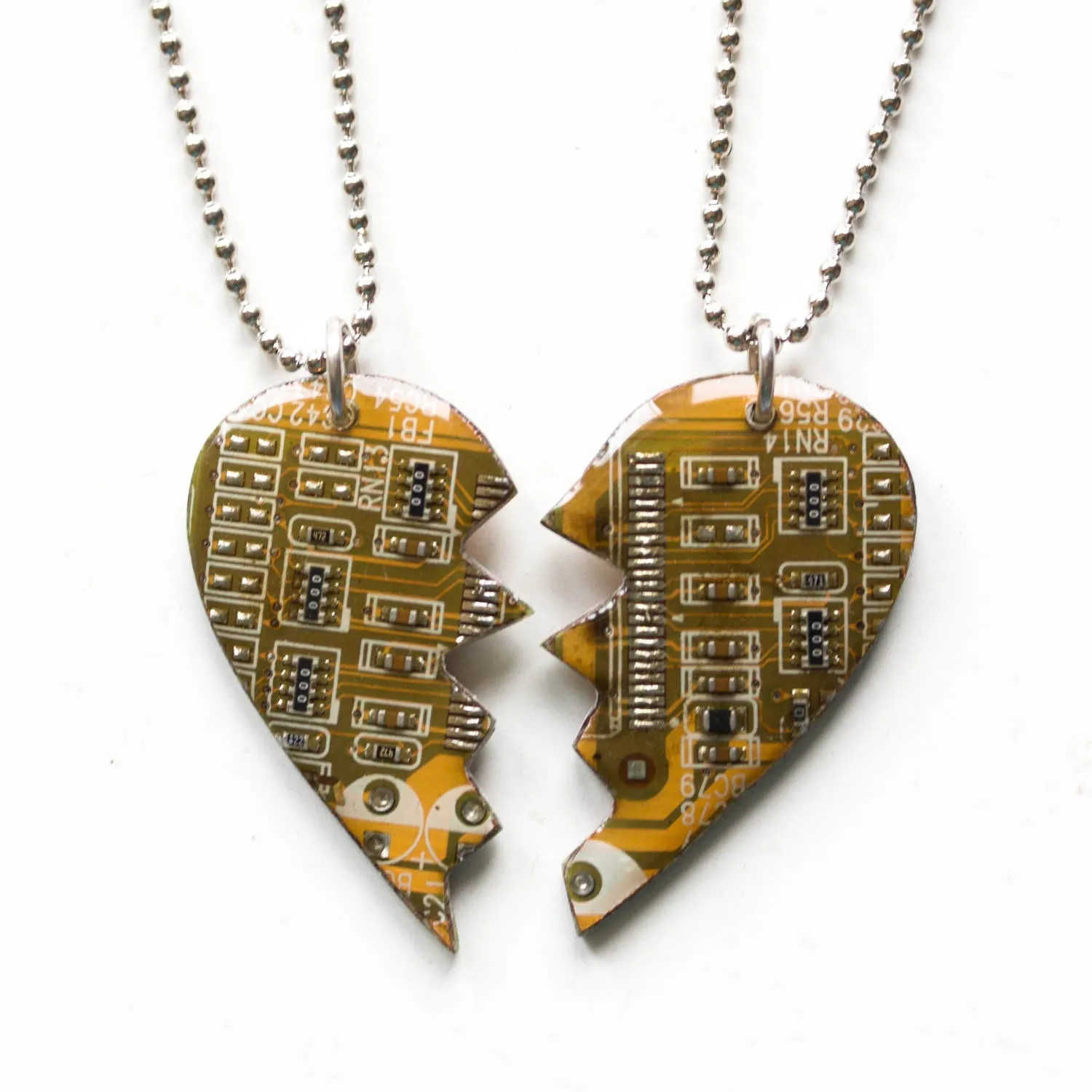 Best friend necklaces, split heart made of circuit board