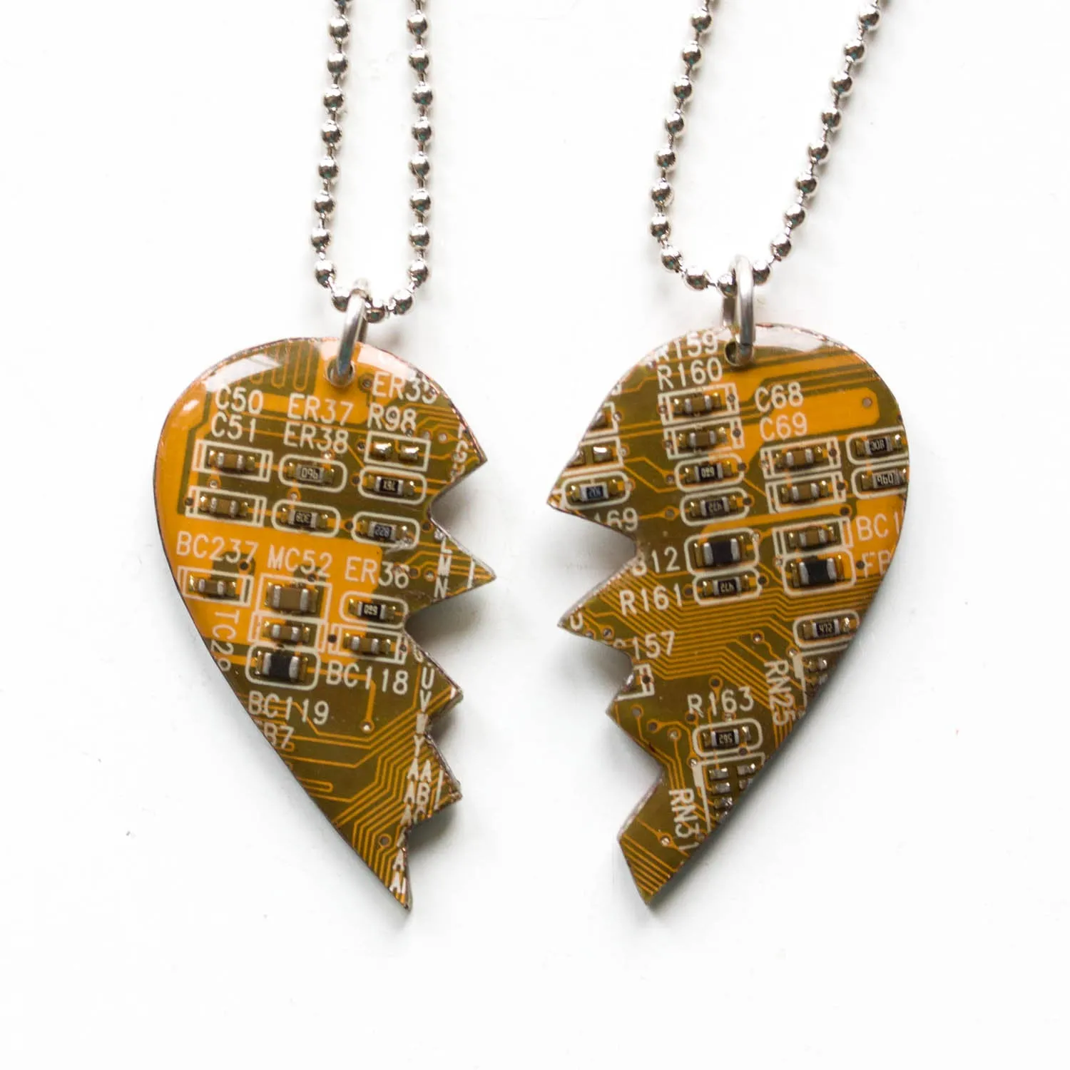 Best friend necklaces, split heart made of circuit board