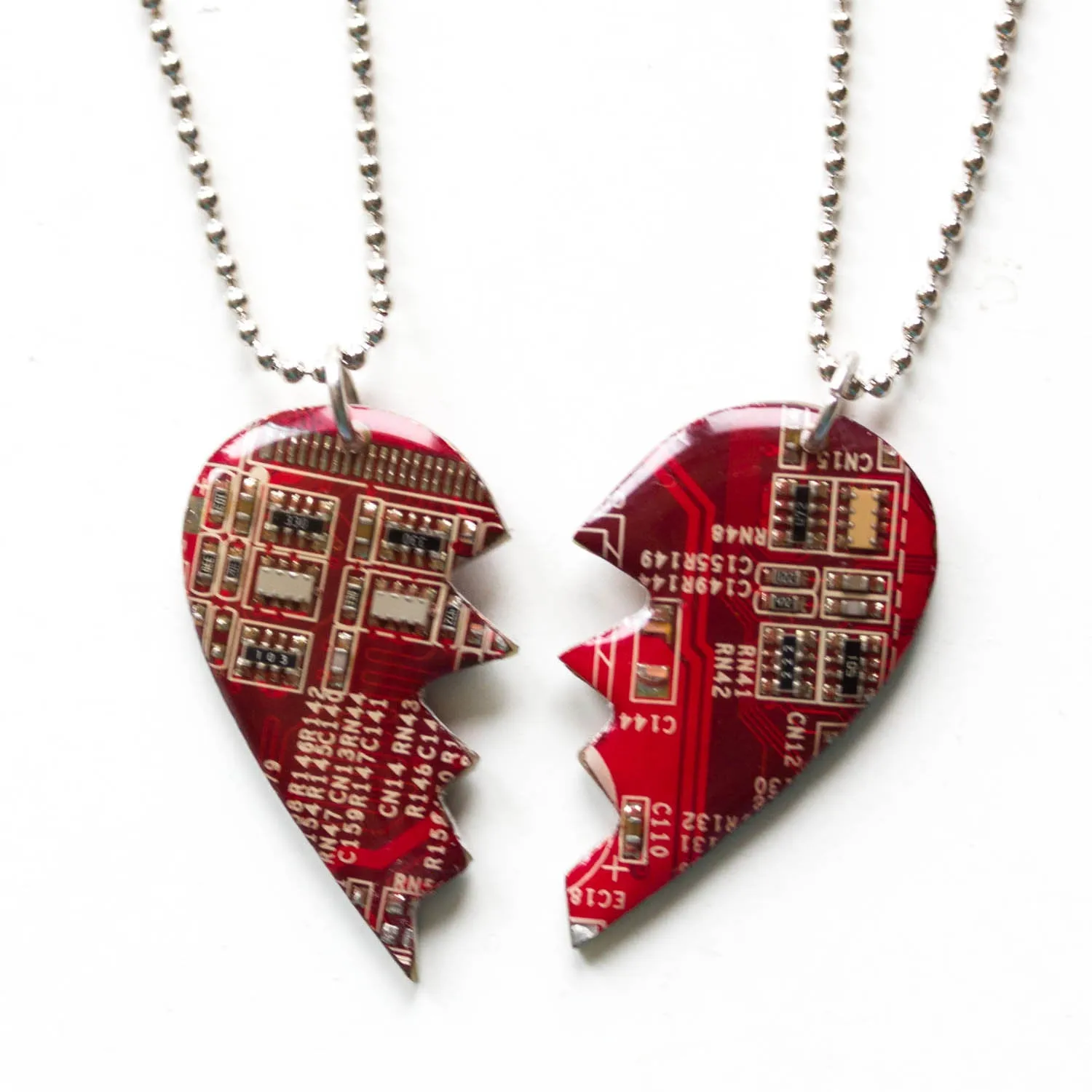 Best friend necklaces, split heart made of circuit board