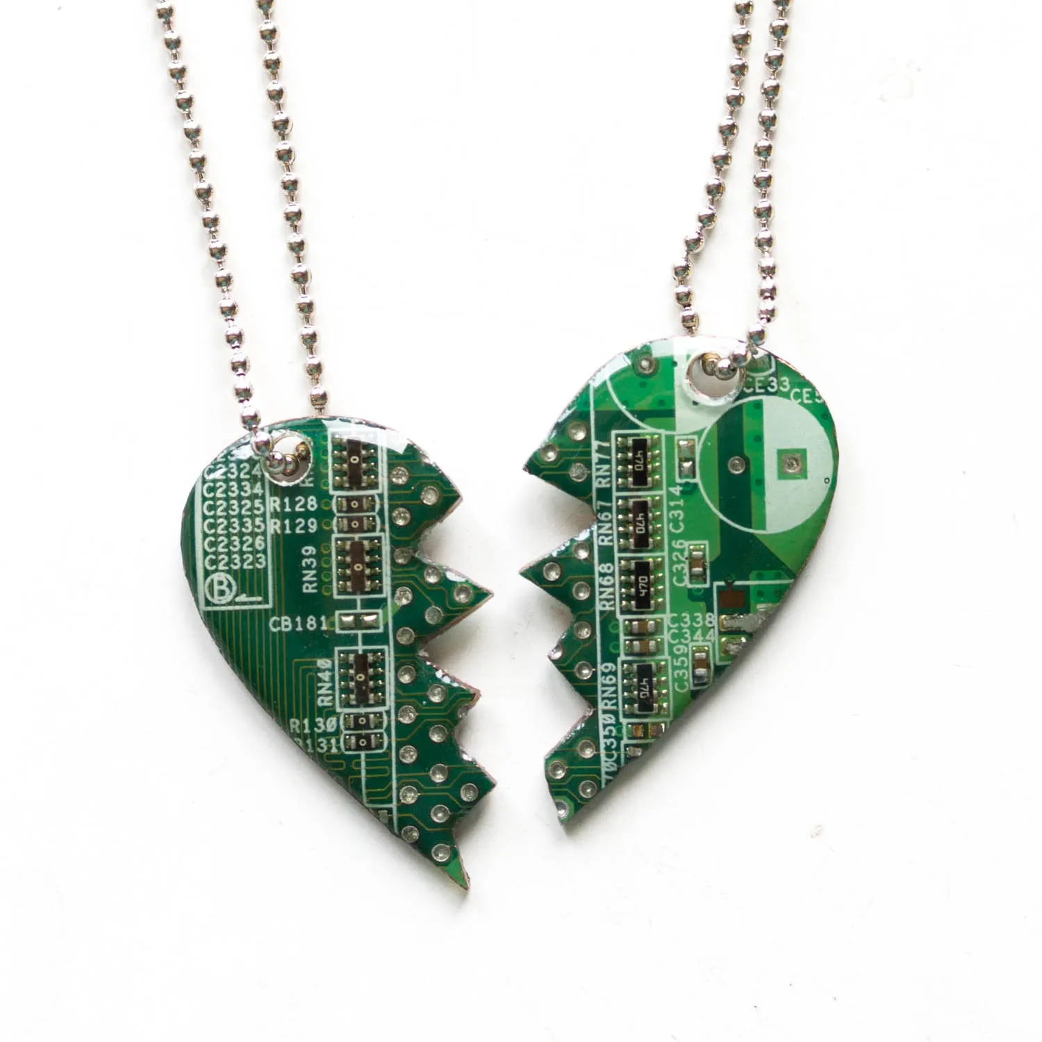 Best friend necklaces, split heart made of circuit board