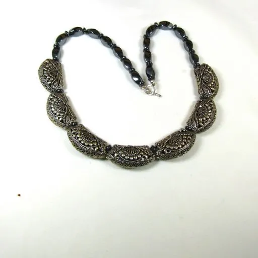 Black Hematite & Fancy Silver Beaded Necklace