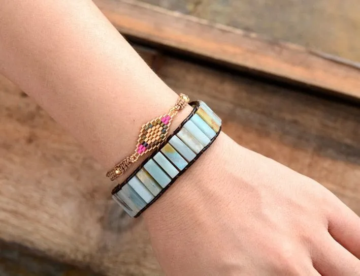 Boho Chic Jasper Cuff Leather Wrap Bracelet