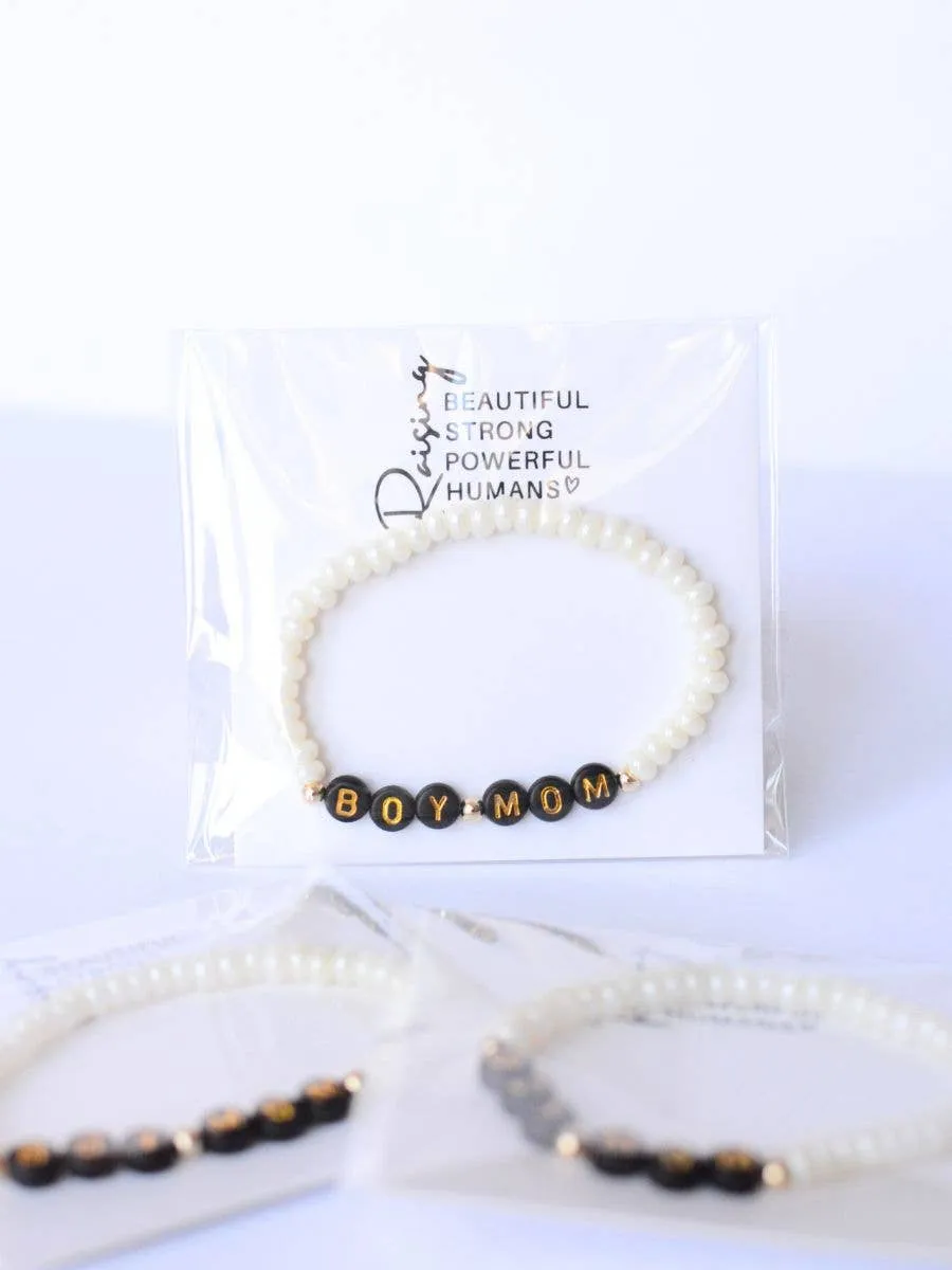 Boy Mom Beaded Stretch Bracelet - Black and Gold