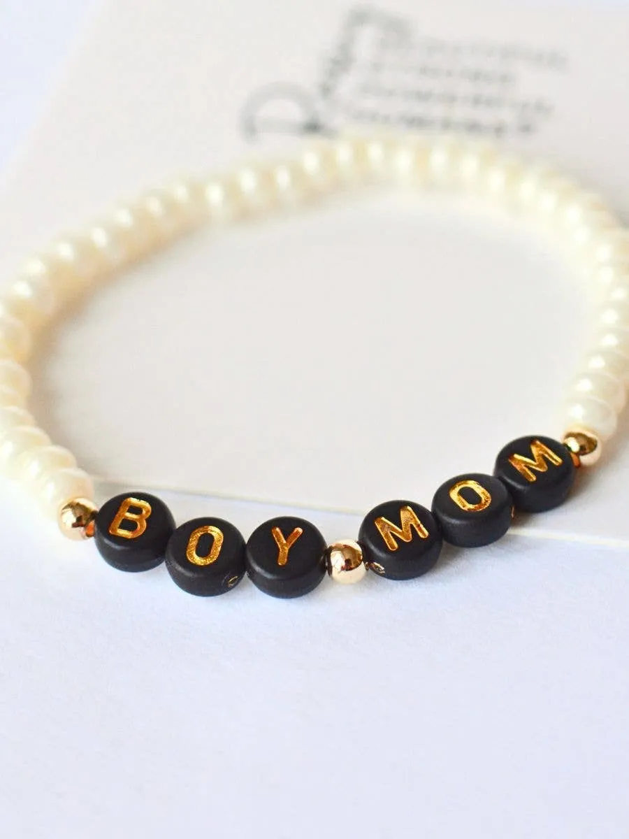 Boy Mom Beaded Stretch Bracelet - Black and Gold