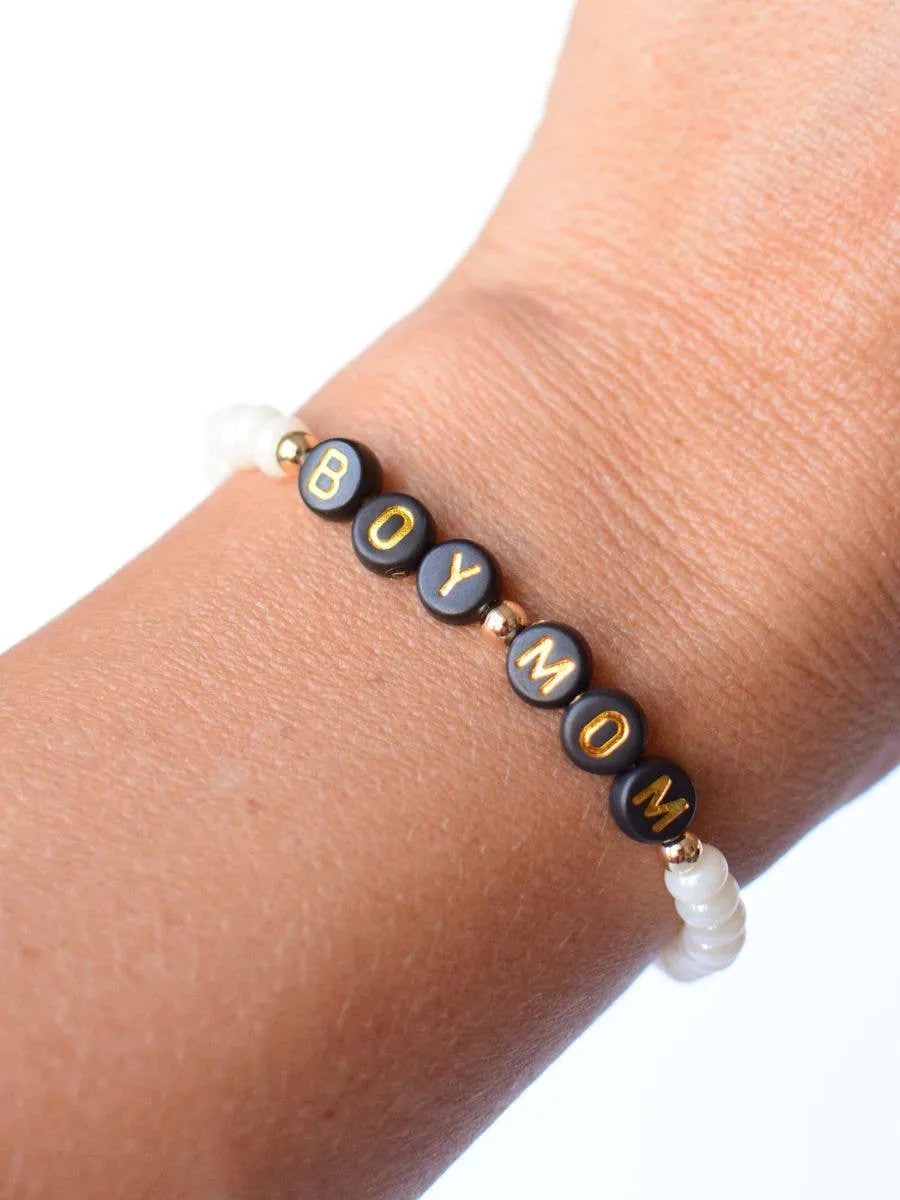 Boy Mom Beaded Stretch Bracelet - Black and Gold