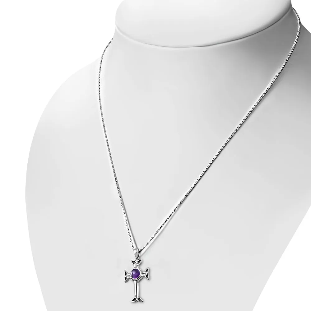 Celtic Trinity Knot Cross Silver Pendant set w/ Amethyst Stone