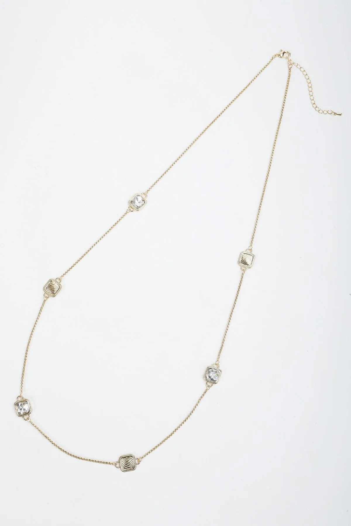 Clear Stone & Gold Square Long Necklace