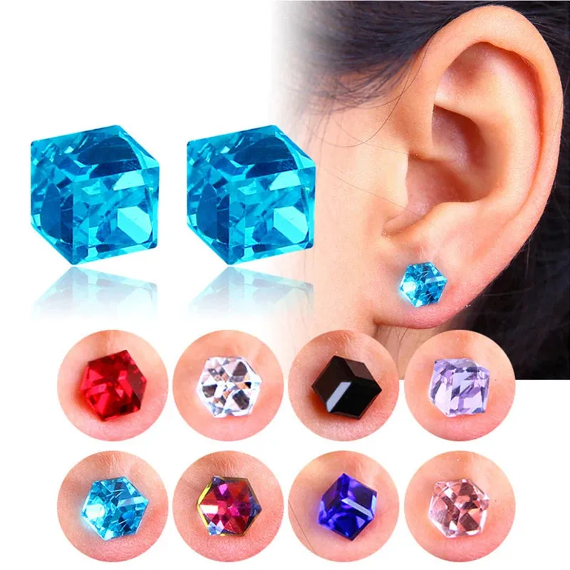 Colorful Strong Magnetic Cute Cubic Square Ear Stud For Teens Korean Fashion Treading Versatile Non-Percing Earring Jewelry Gift