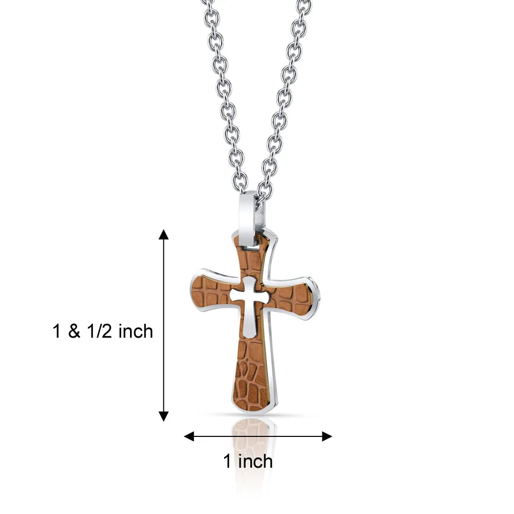 Copper Cobblestone Stainless Steel Cross Pendant With Steel Ball Chain