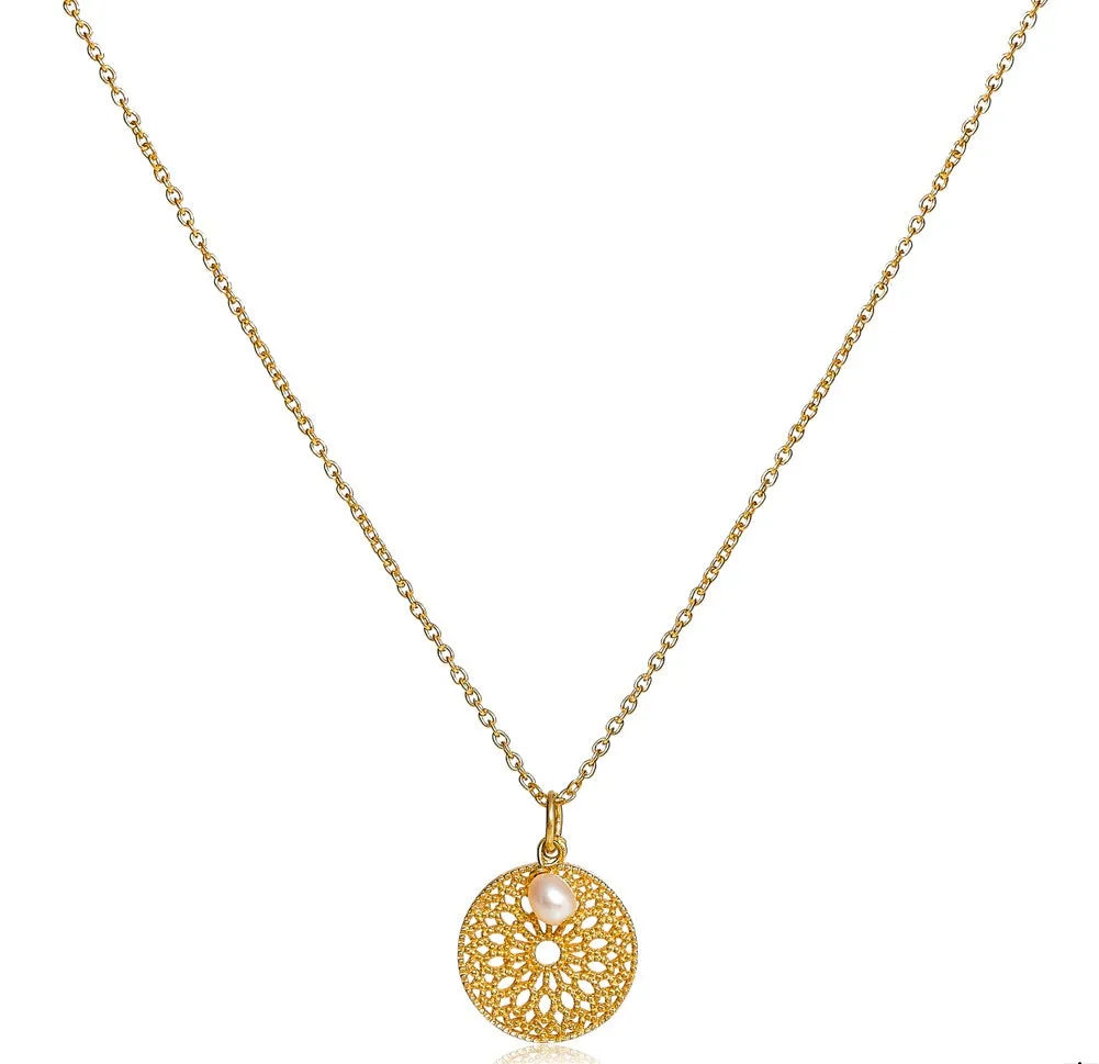 Credo disk pendant with cultured freshwater pearl drop