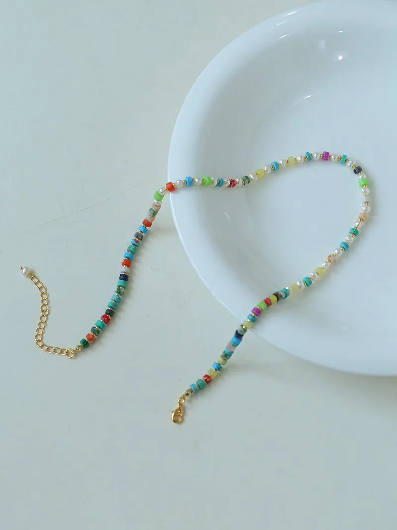 Dopamine-Colored Natural Stone and Pearl Beaded Necklace