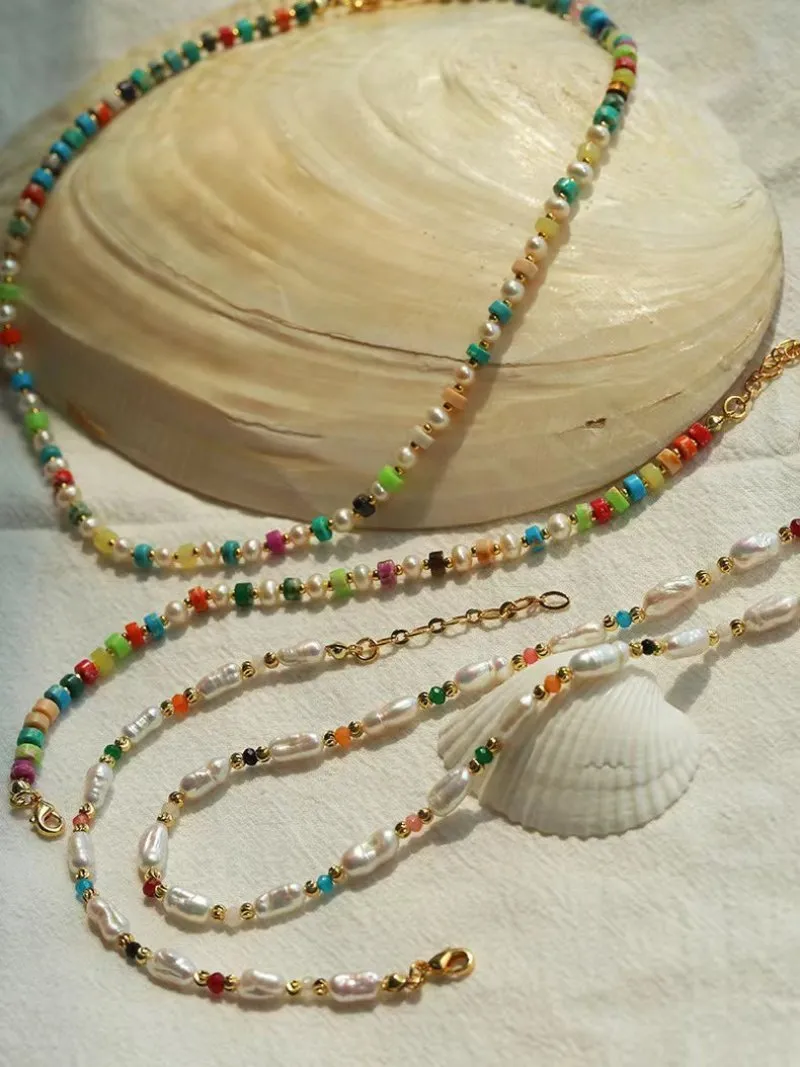 Dopamine-Colored Natural Stone and Pearl Beaded Necklace