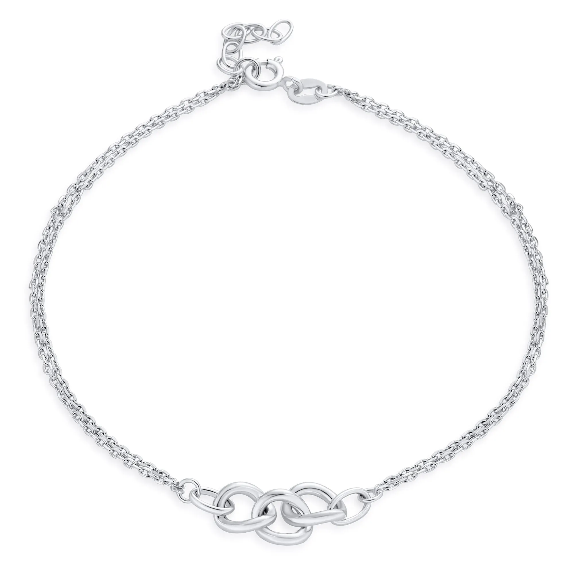 Double Chain Love Interlocking Anklet Ankle Bracelet Sterling Silver 9-10 Inch