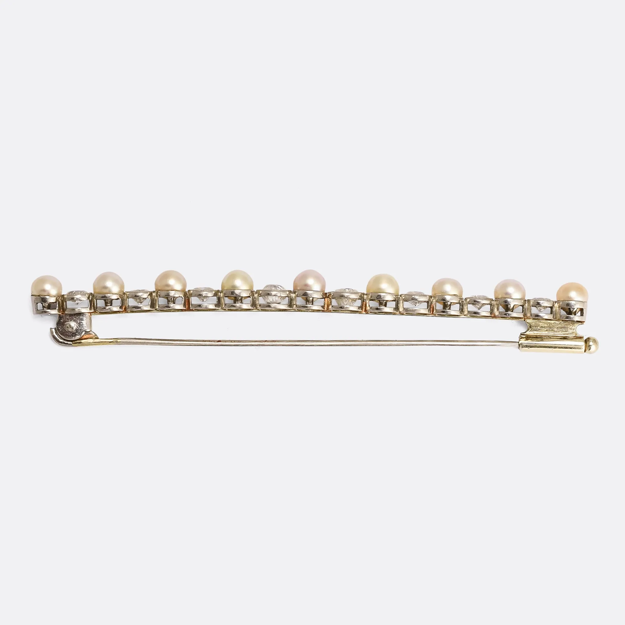 Edwardian Diamond & Pearl Long Bar Brooch