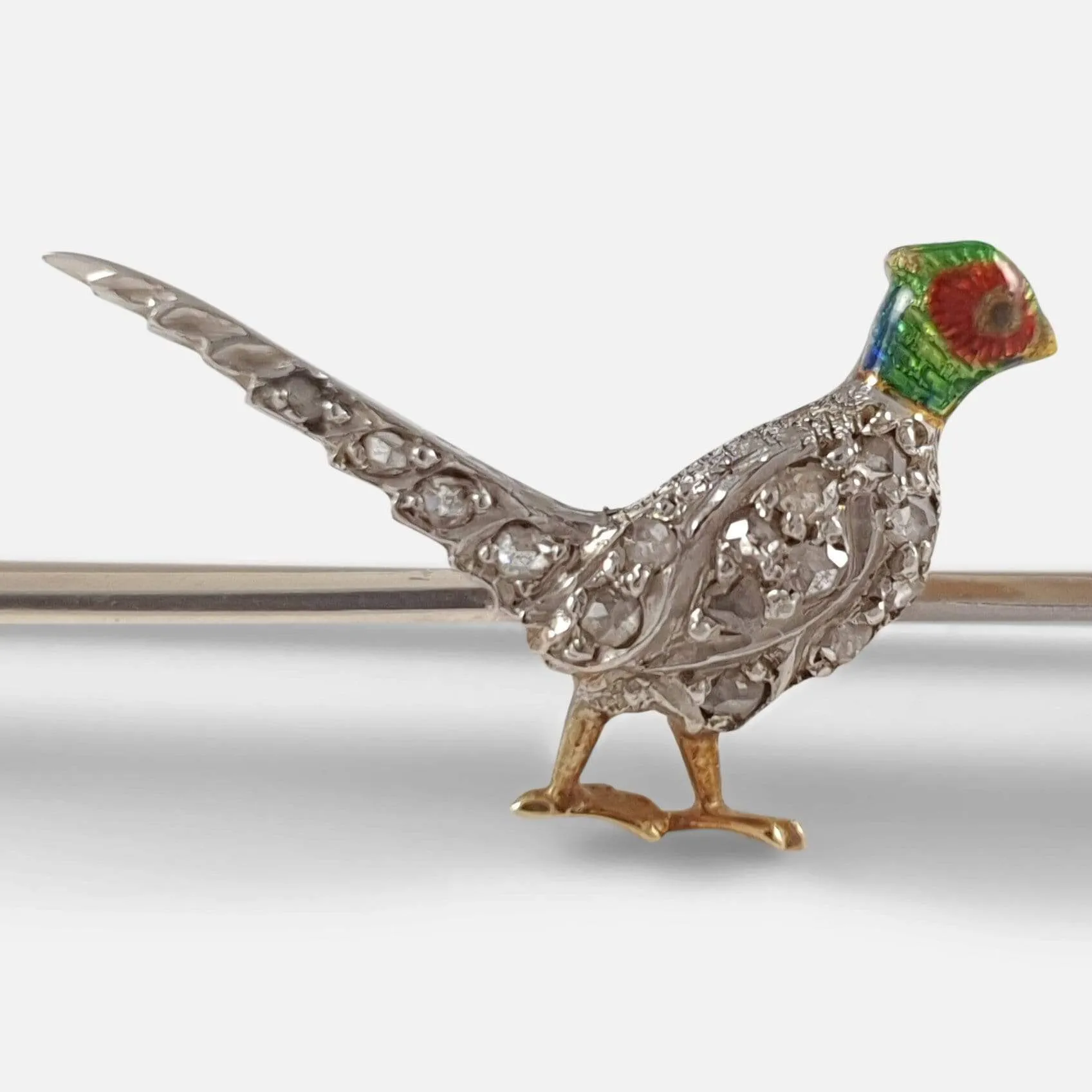 Edwardian Diamond and Enamel Pheasant Brooch - Circa 1910