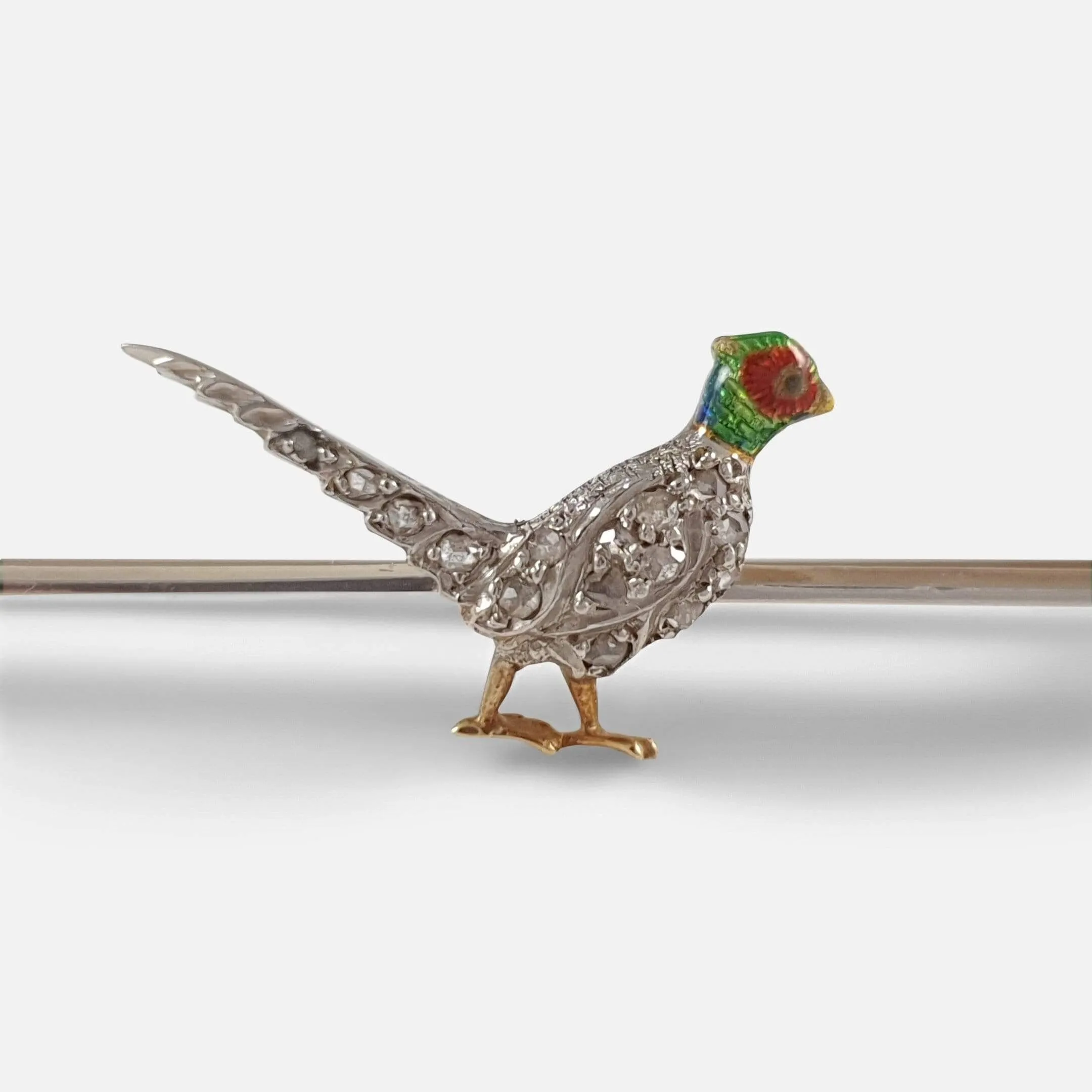 Edwardian Diamond and Enamel Pheasant Brooch - Circa 1910