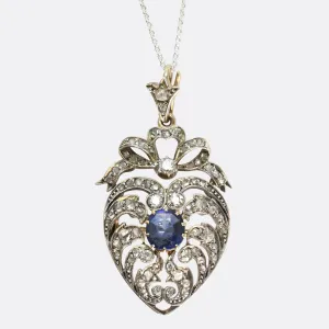 Edwardian Sapphire & Diamond Openwork Heart Pendant