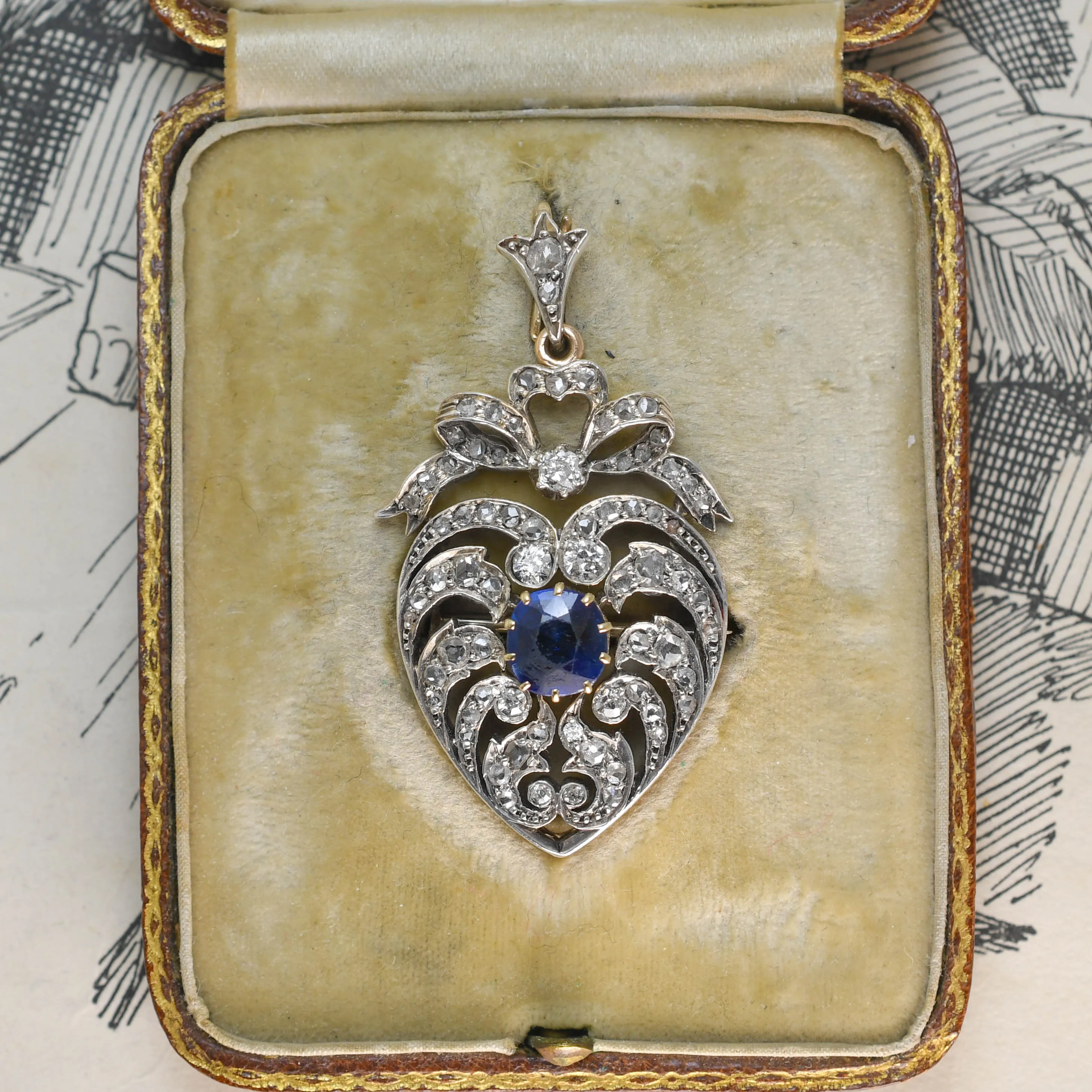 Edwardian Sapphire & Diamond Openwork Heart Pendant