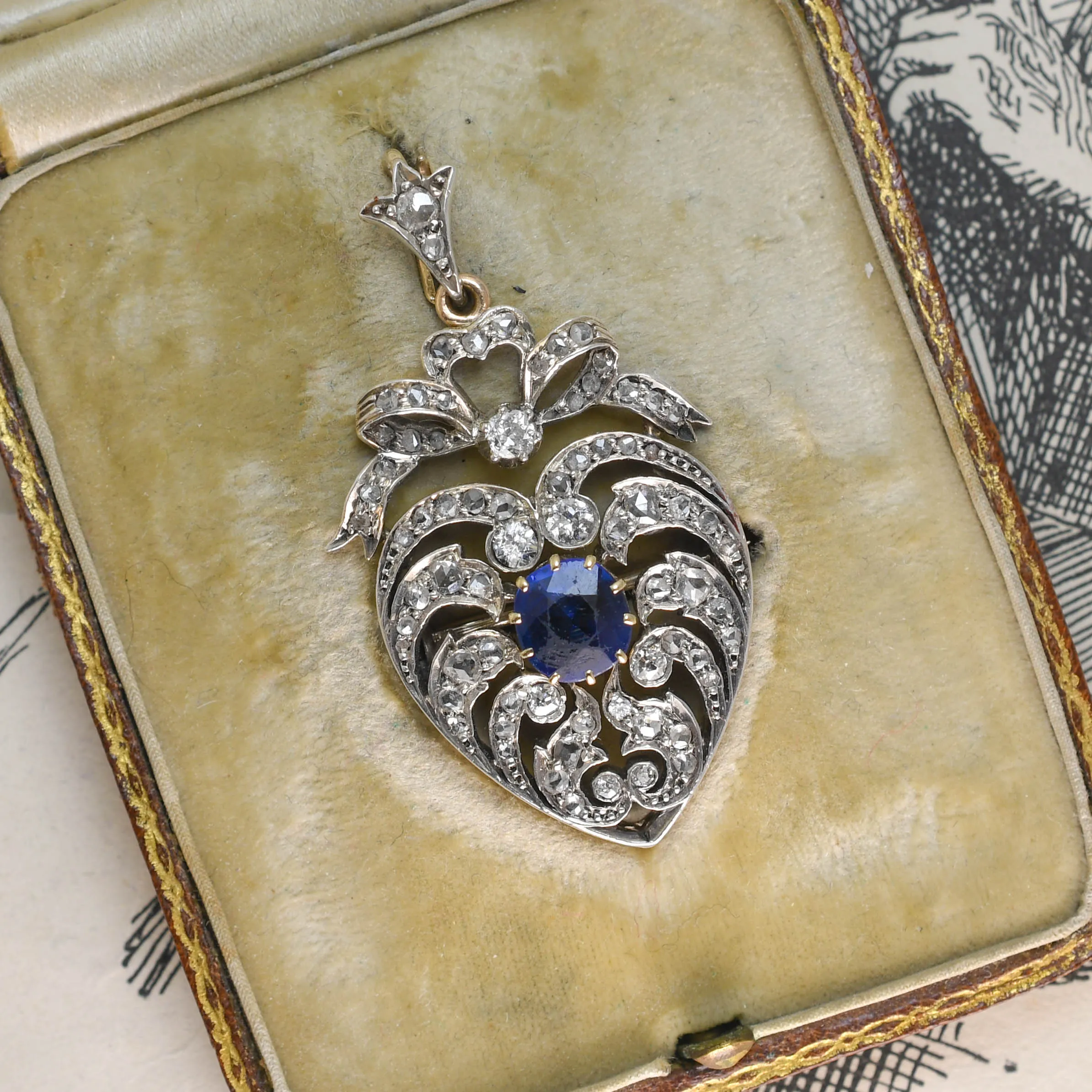 Edwardian Sapphire & Diamond Openwork Heart Pendant