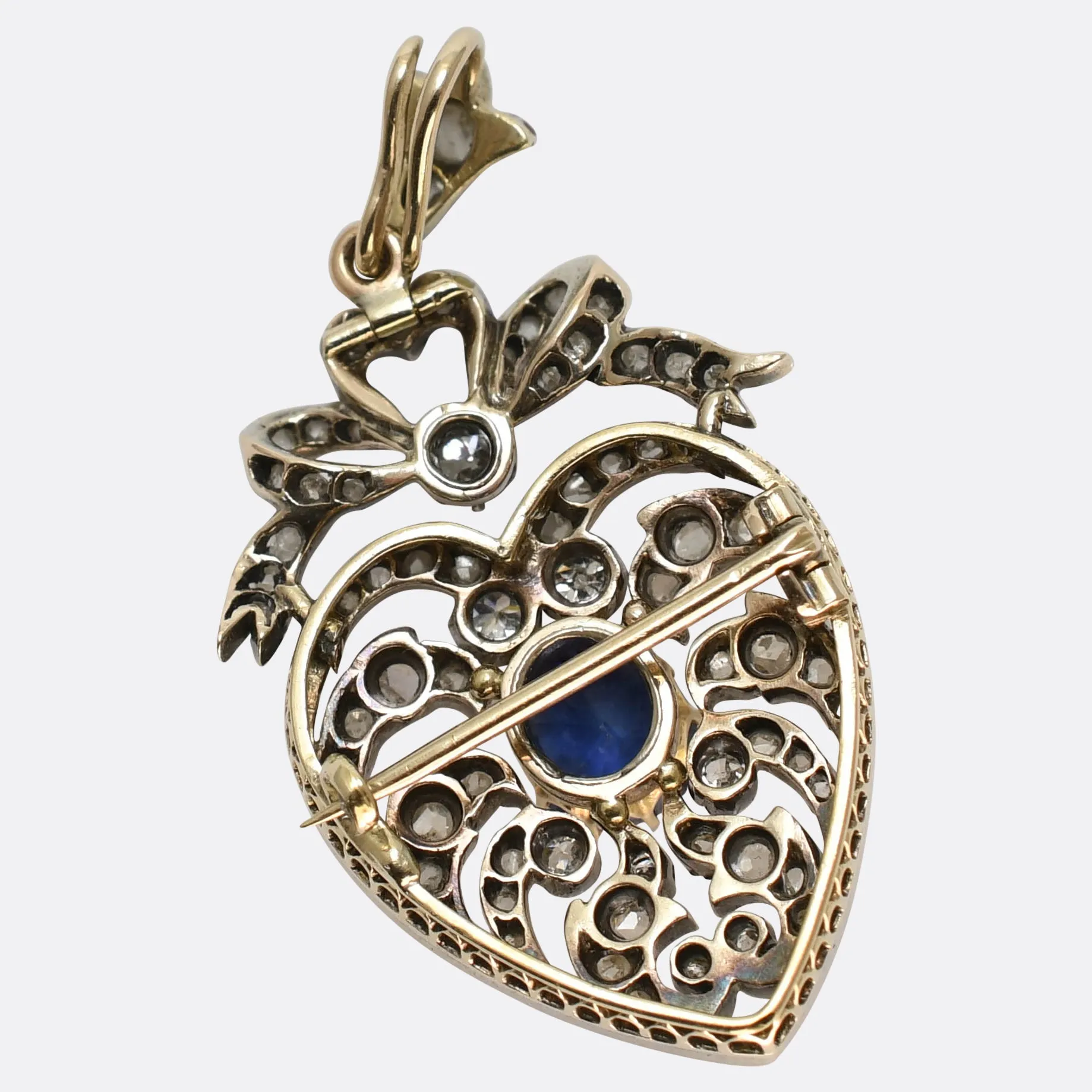 Edwardian Sapphire & Diamond Openwork Heart Pendant