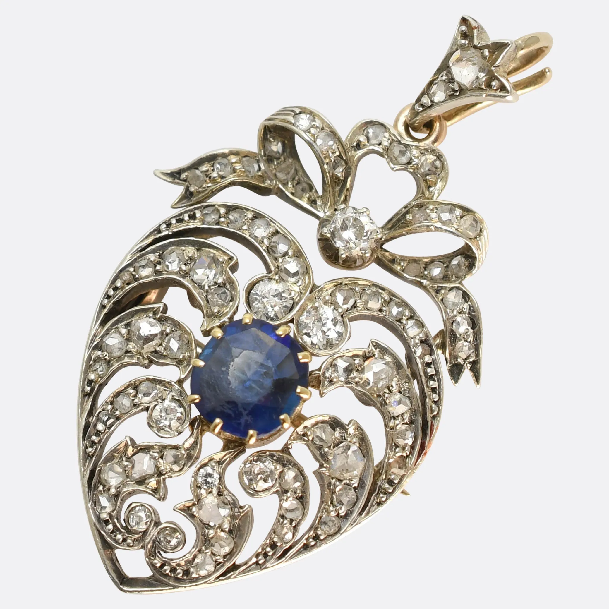 Edwardian Sapphire & Diamond Openwork Heart Pendant