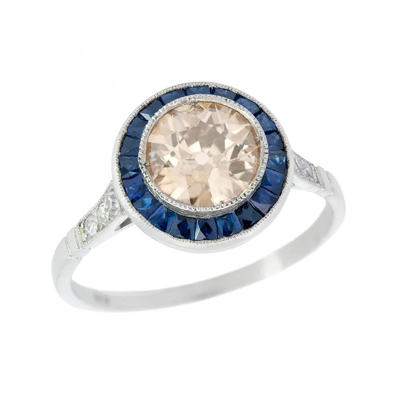 Estate Platinum  Champagne Diamond and Sapphire Halo Ring 1.12ctw