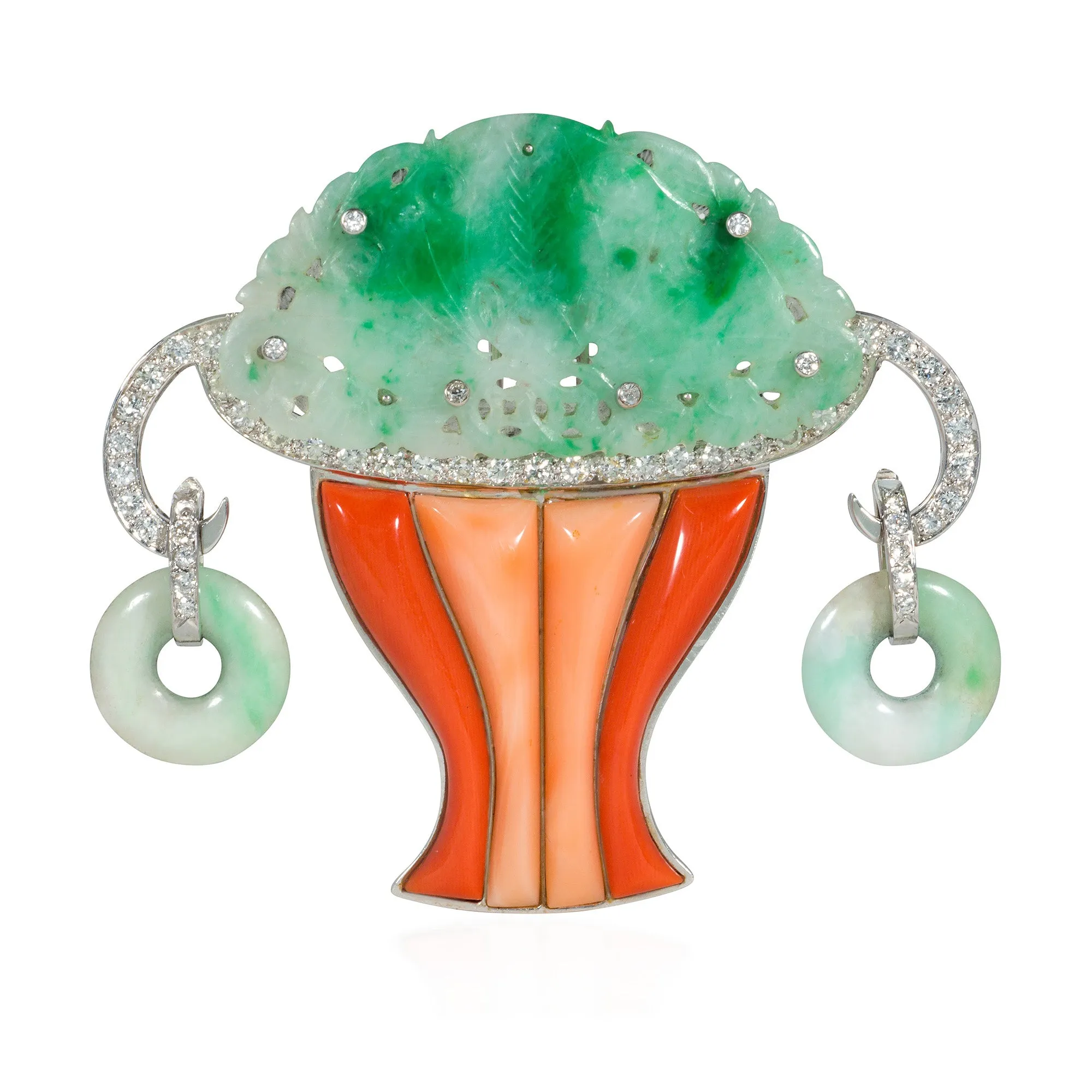 French Art Deco diamond, jade and coral topiary brooch