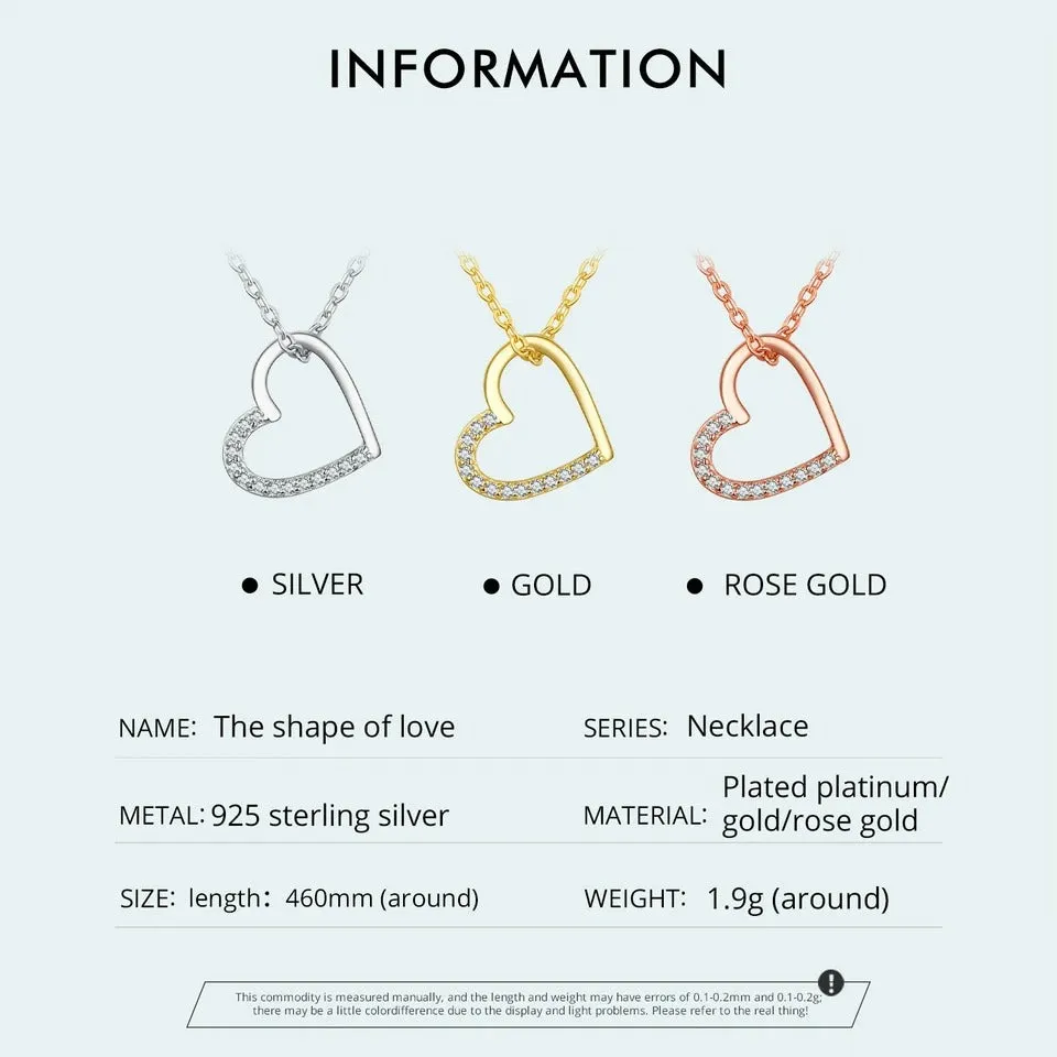 Genuine 925 Sterling Silver The shape of love Chain Necklace for Women, Godl Plated Heart Necklace 3 Color 18.11''