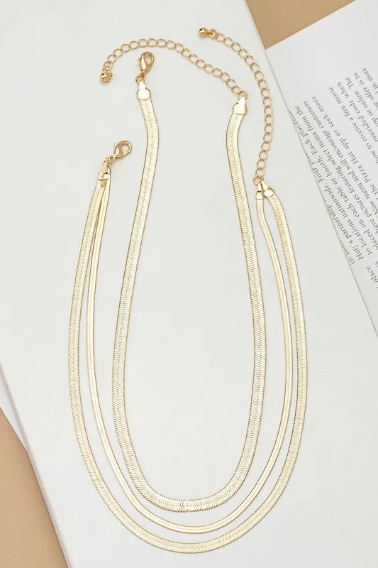 Gold Color Three Row Herringbone Chain Neckalce