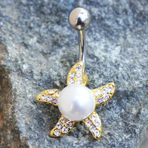 Gold Pearl Accent Starfish Navel Ring