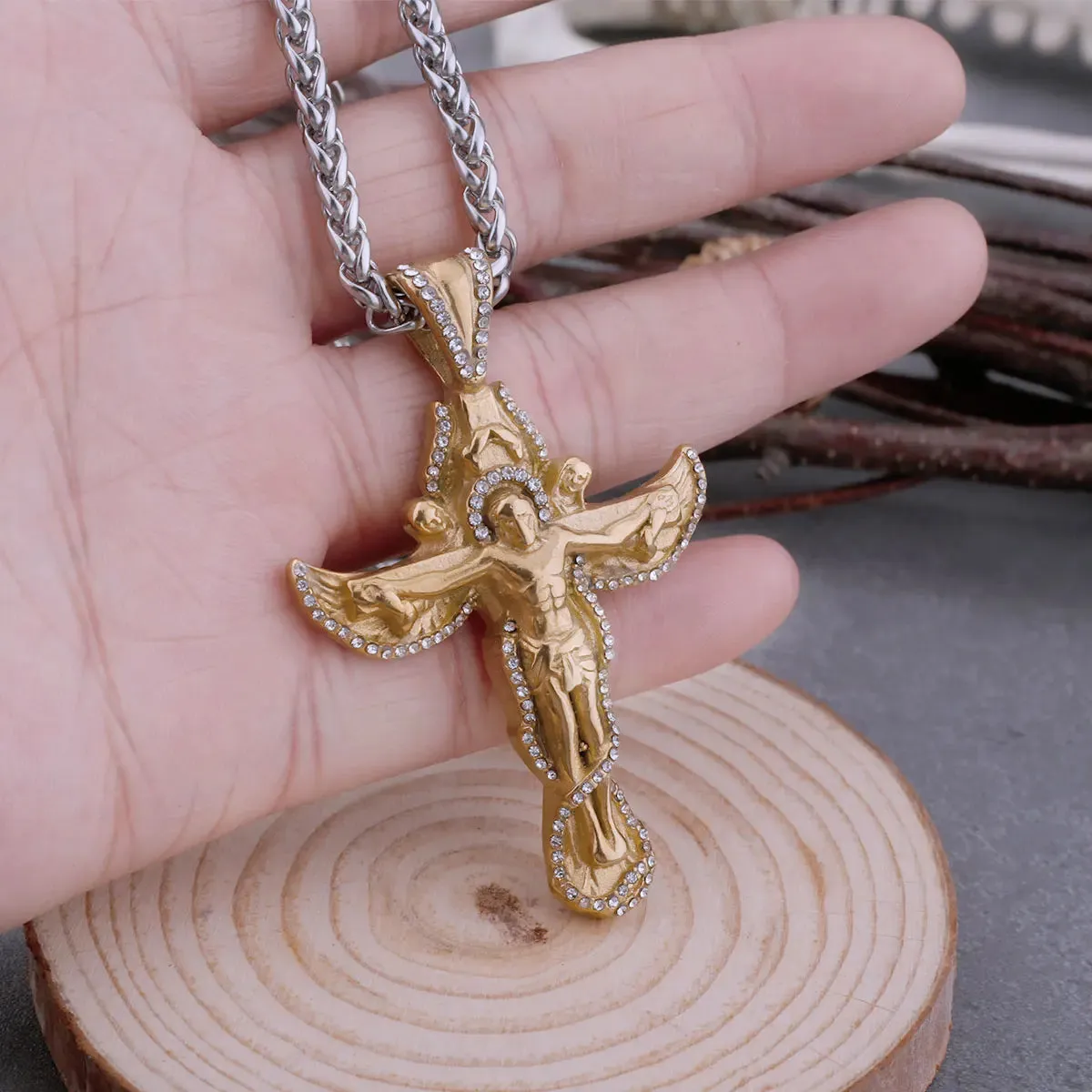 Gold Vintage Christian Cross Zircon Viking Necklace