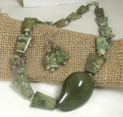 Handcrafted Green Rhyolite and Tagua Nut Necklace & Earrings