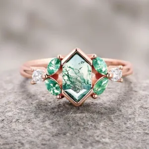 Hexagon Moss Agate Leaf Ring- 14K Rose Gold Vermeil