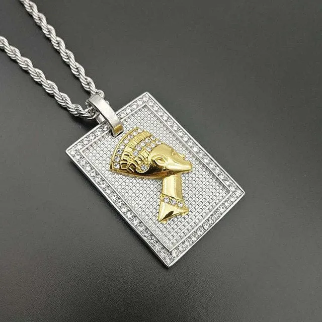 Hip Hop  Queen Nefertiti Shiny Rhinestone Stainless Steel Necklace