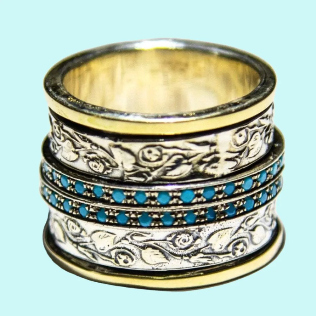 Israeli spinning rings Spinner ring , silver 9K gold lab opals