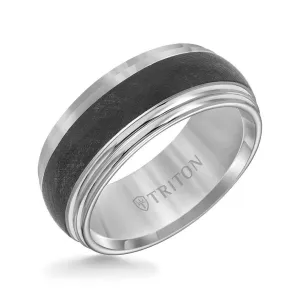 KILBY Black and White Domed Double Step Edge Tungsten Carbide Comfort Fit Wedding Band with Florentine Finish by Triton Rings - 9 mm