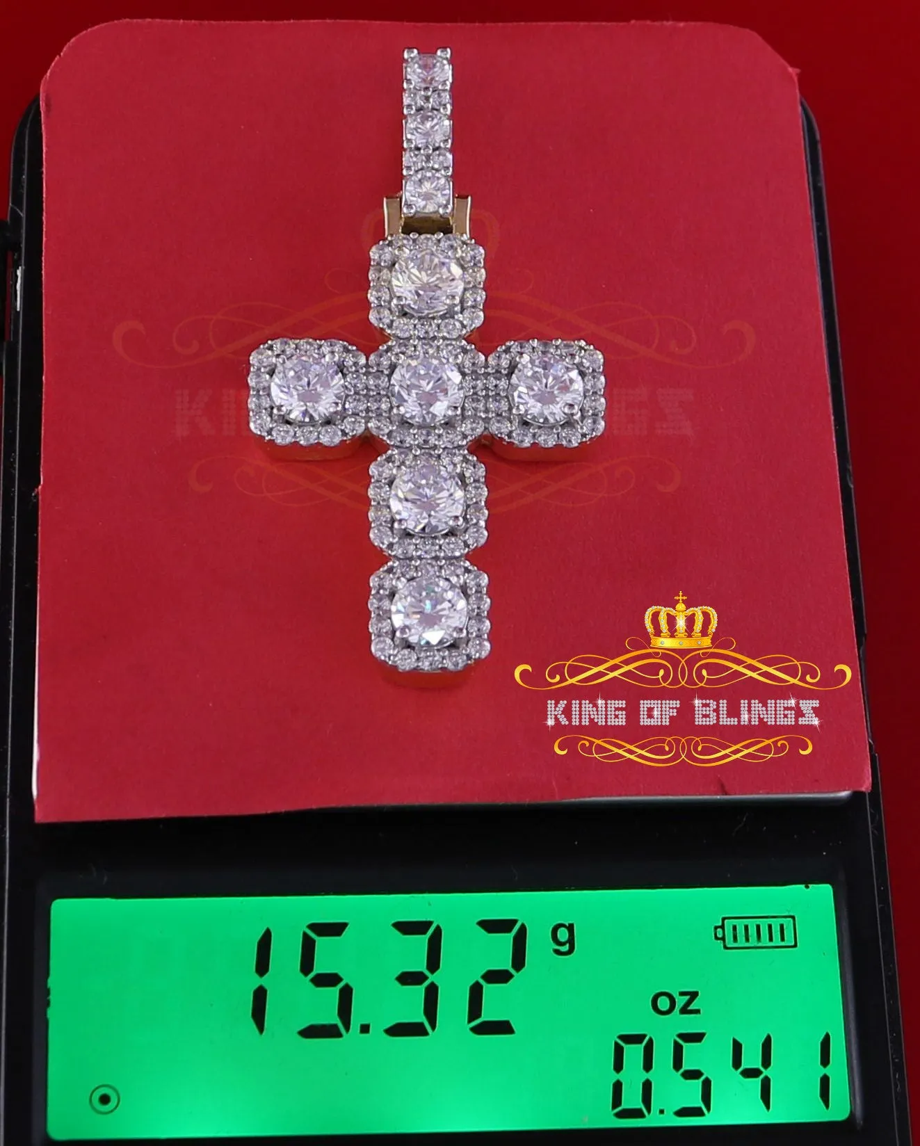 King of Bling's Yellow 925 Sterling Silver Cross Pendant 8.03ct Cubic Zirconia