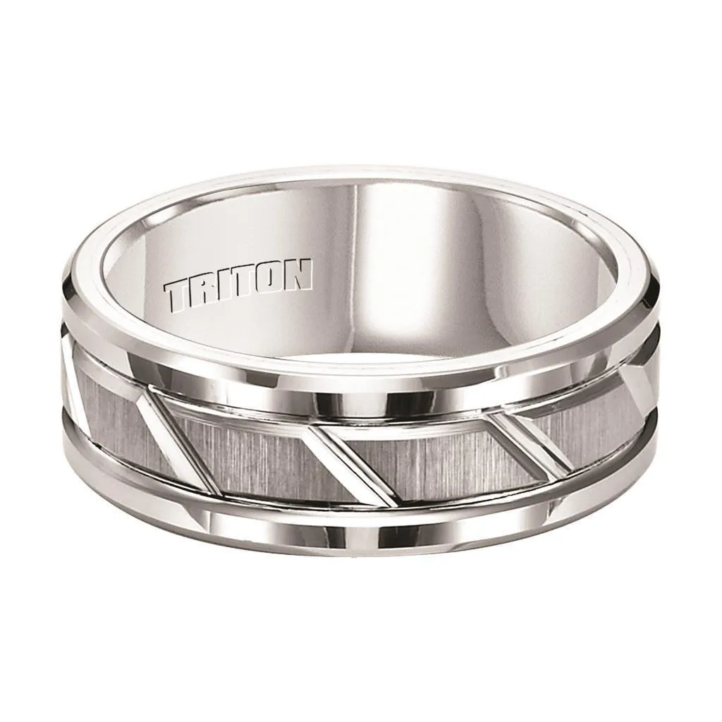 KURT Dual Grooved White Tungsten Carbide Wedding Band with Diagonal Cut Brush Finished Center and Polished Beveled Edges by Triton Rings - 8 mm