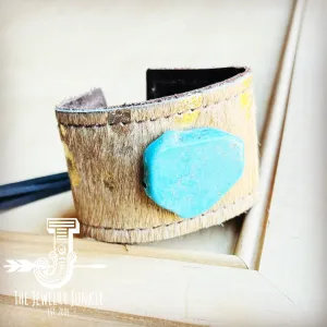 **Leather Cuff w/ Tie-Tan Gold Hair-on-Hide w/ Turquoise Slab 007k