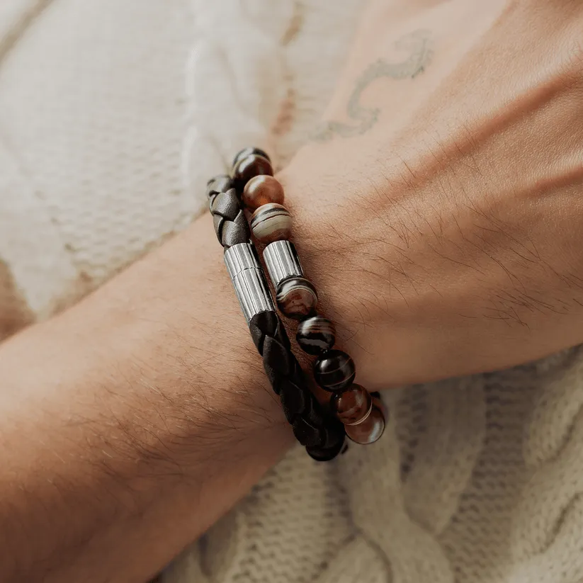 Maxi Pop Beaded Bracelet Rhodium Silver with Brown Striped Agate Medium