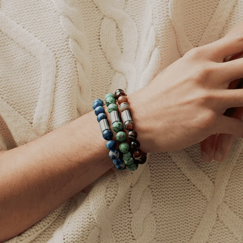 Maxi Pop Beaded Bracelet Rhodium Silver with Brown Striped Agate Medium