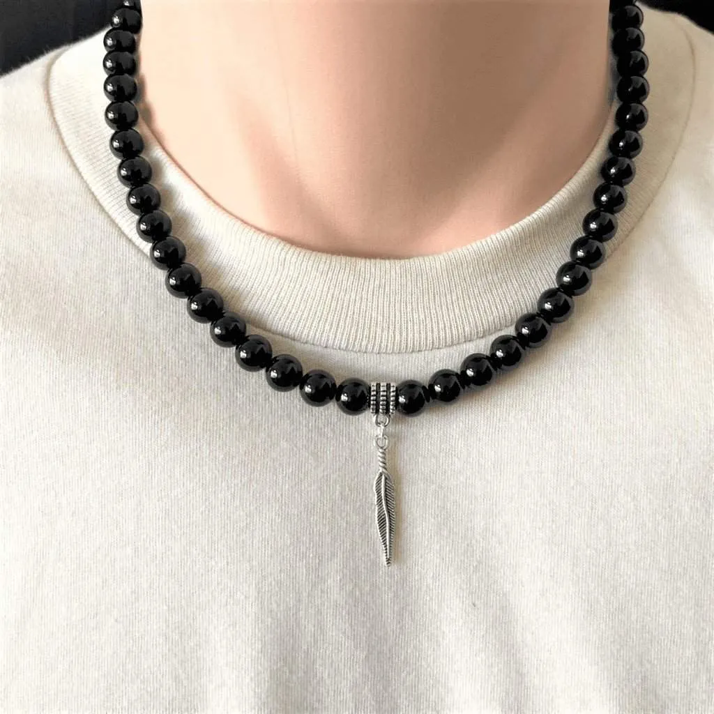 Mens Black Onyx and Silver Feather Beaded Necklace