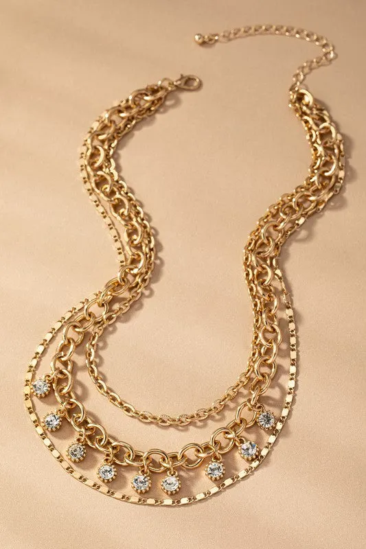 Misha Three Row Chunky Chain with Glass Rhinestone Drops