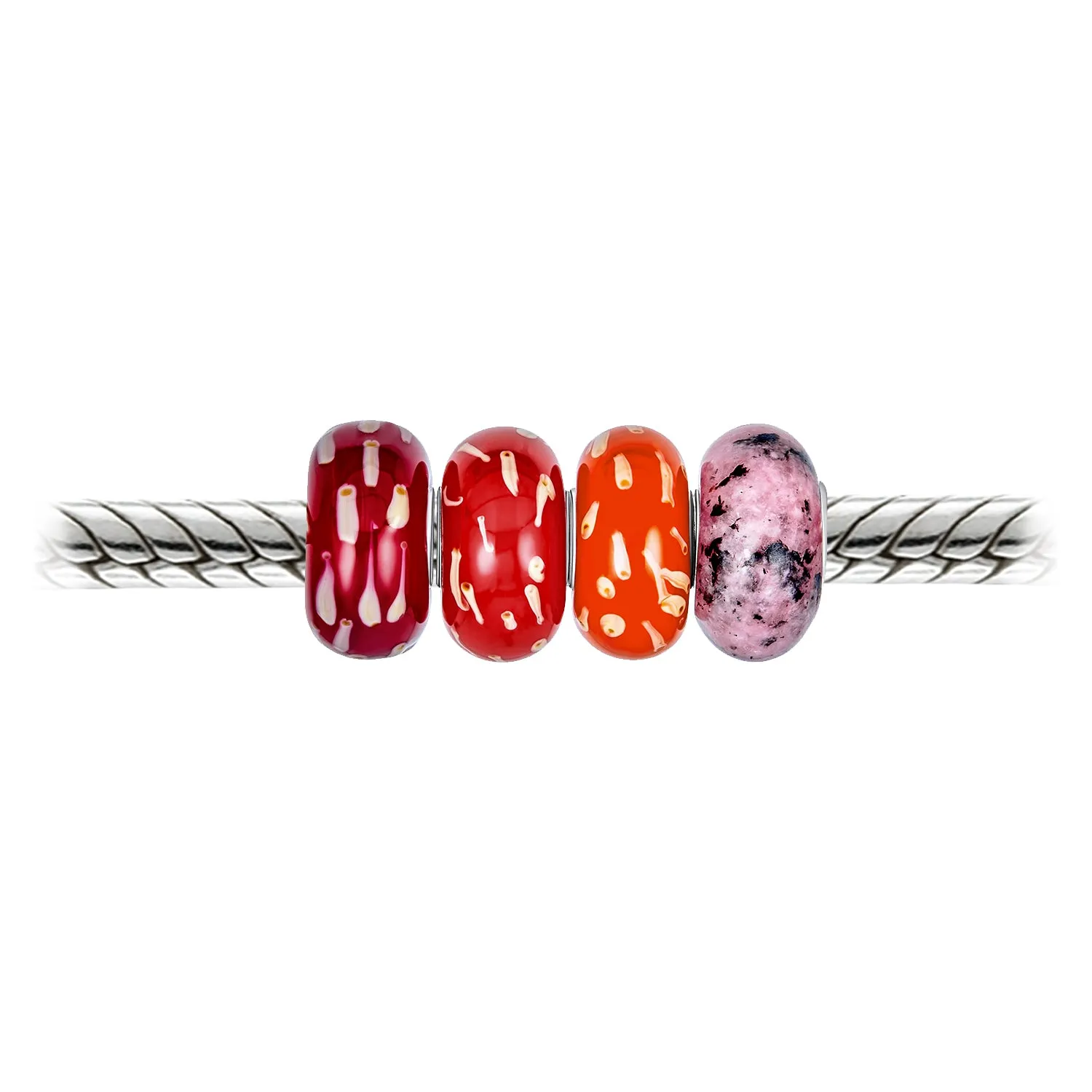 Mixed Set of 4 Sterling Silver Core Red Orange Pink Murano Glass Charm Beads