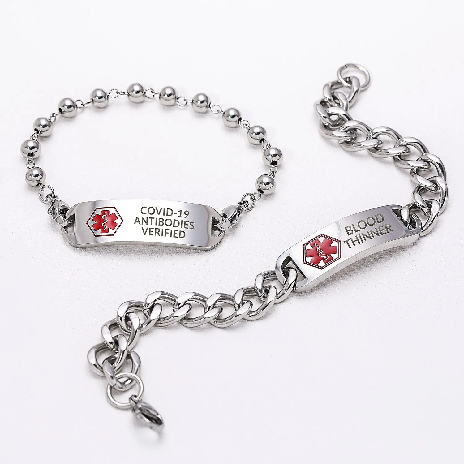 Name Tag Medical ID Bracelet Ball Bead Link Chain Stainless Steel 77.5 Inch